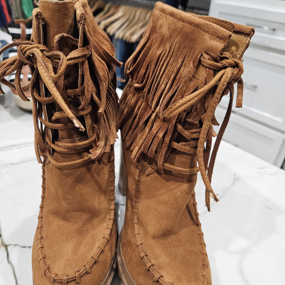 JustFab Brown Lace Up Fringe Boots